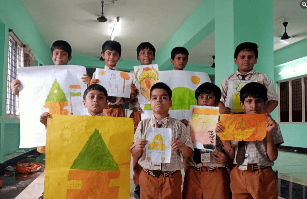 Group of 7-9 year old kids engaging in indoor activities