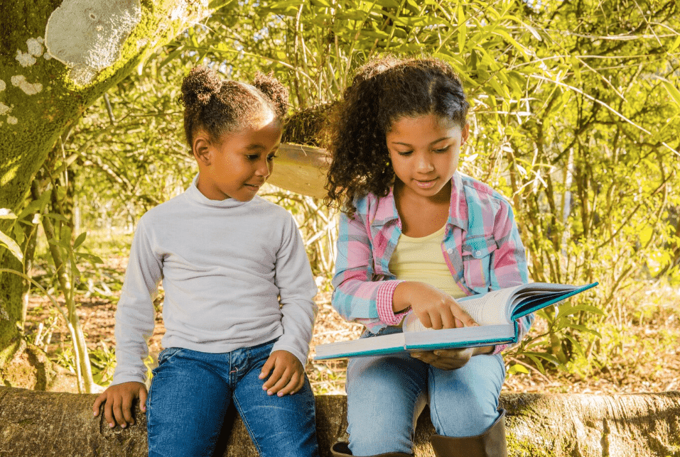 Two children engrossed in reading diverse stories together