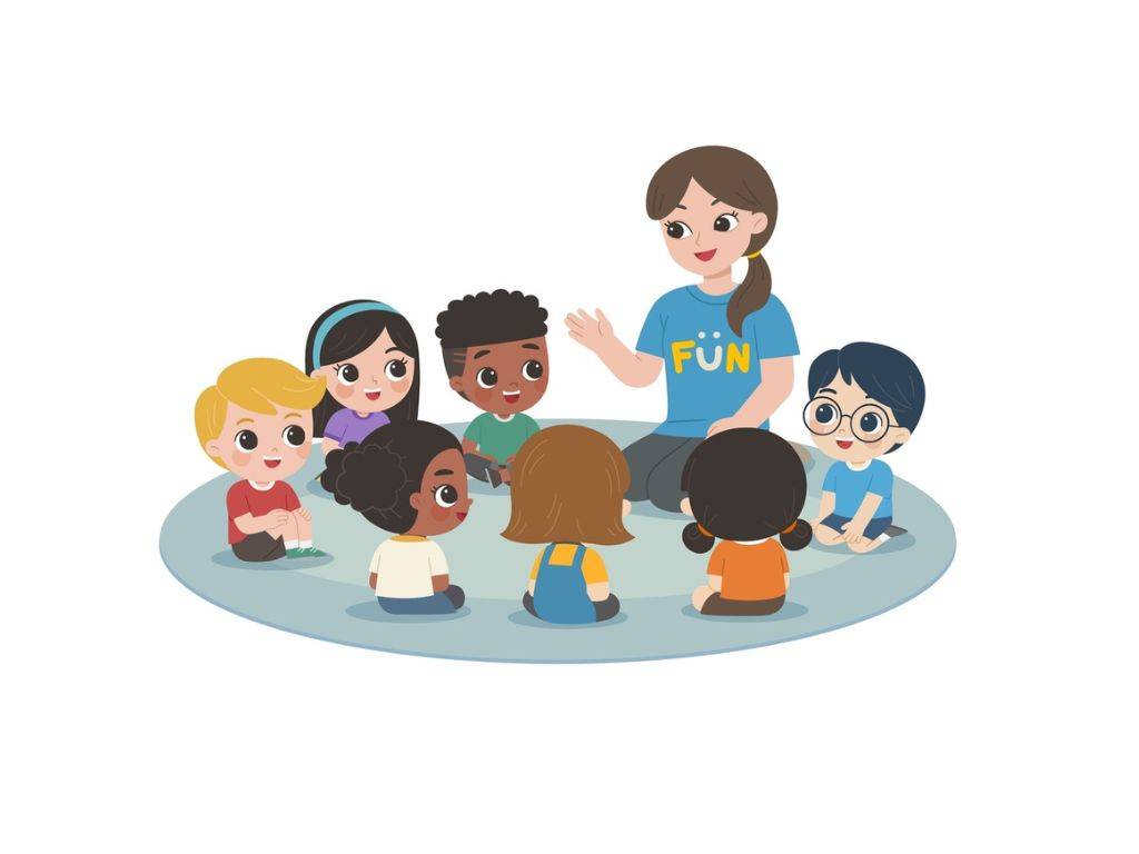 Illustration of children and a teacher, where the teacher is guiding the kids on activities that help improve and develop listening skills.